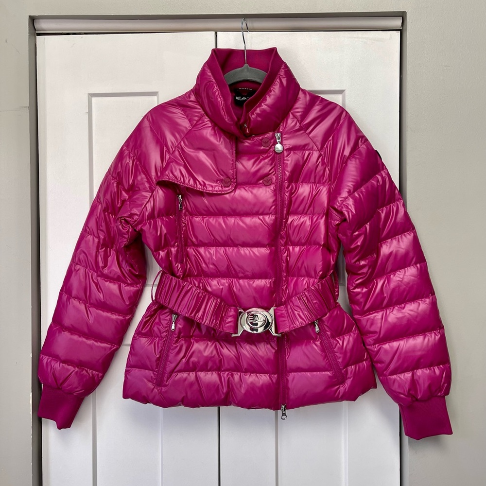 Emporio Armani EA7 Women’s Hot Pink Down Puffer Jacket Silver Buckle Size L